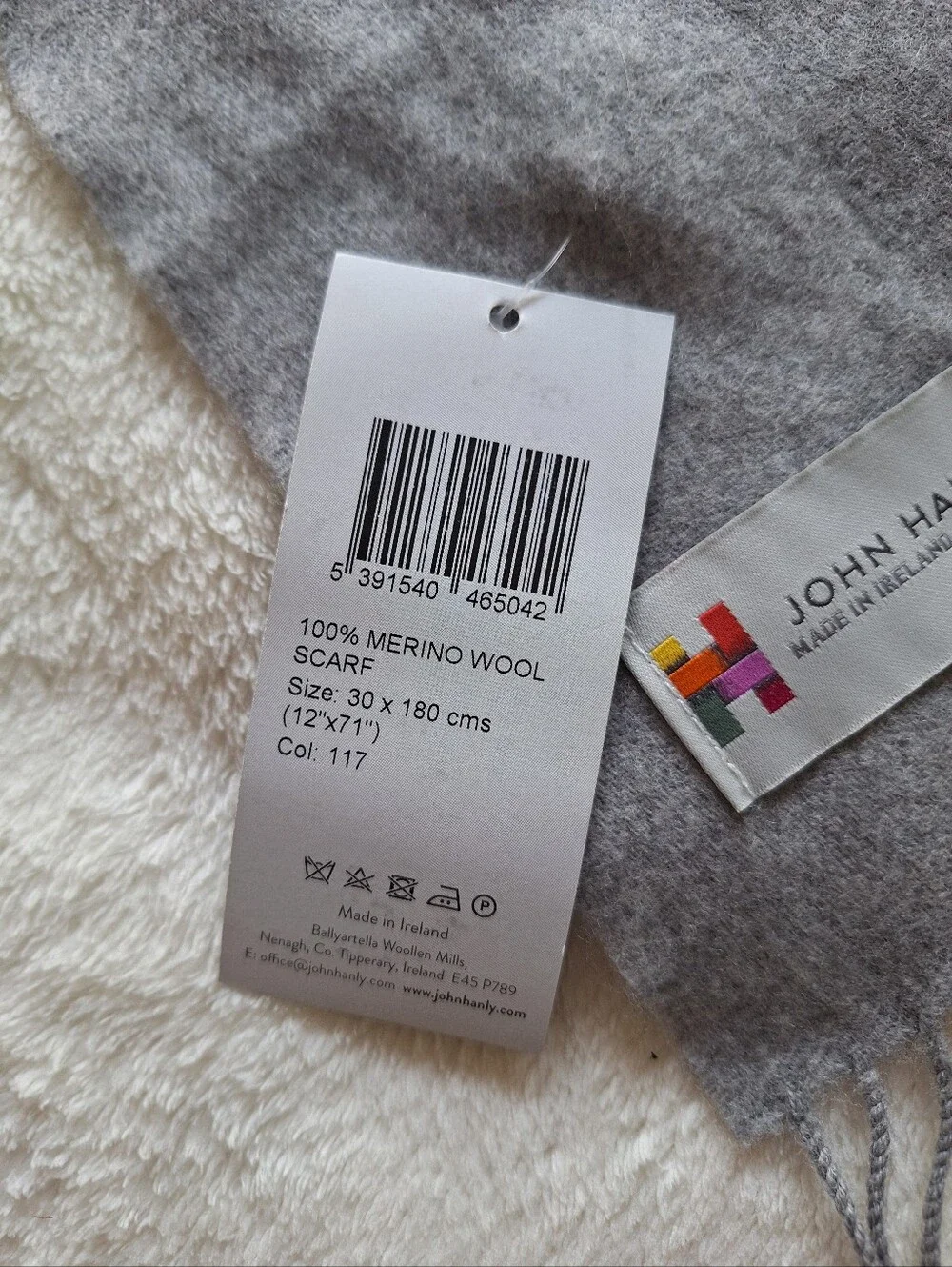 NWT John Hanly Ireland 100% Merino Wool Scarf Solid Grey 12x71 Unisex Fringe 117